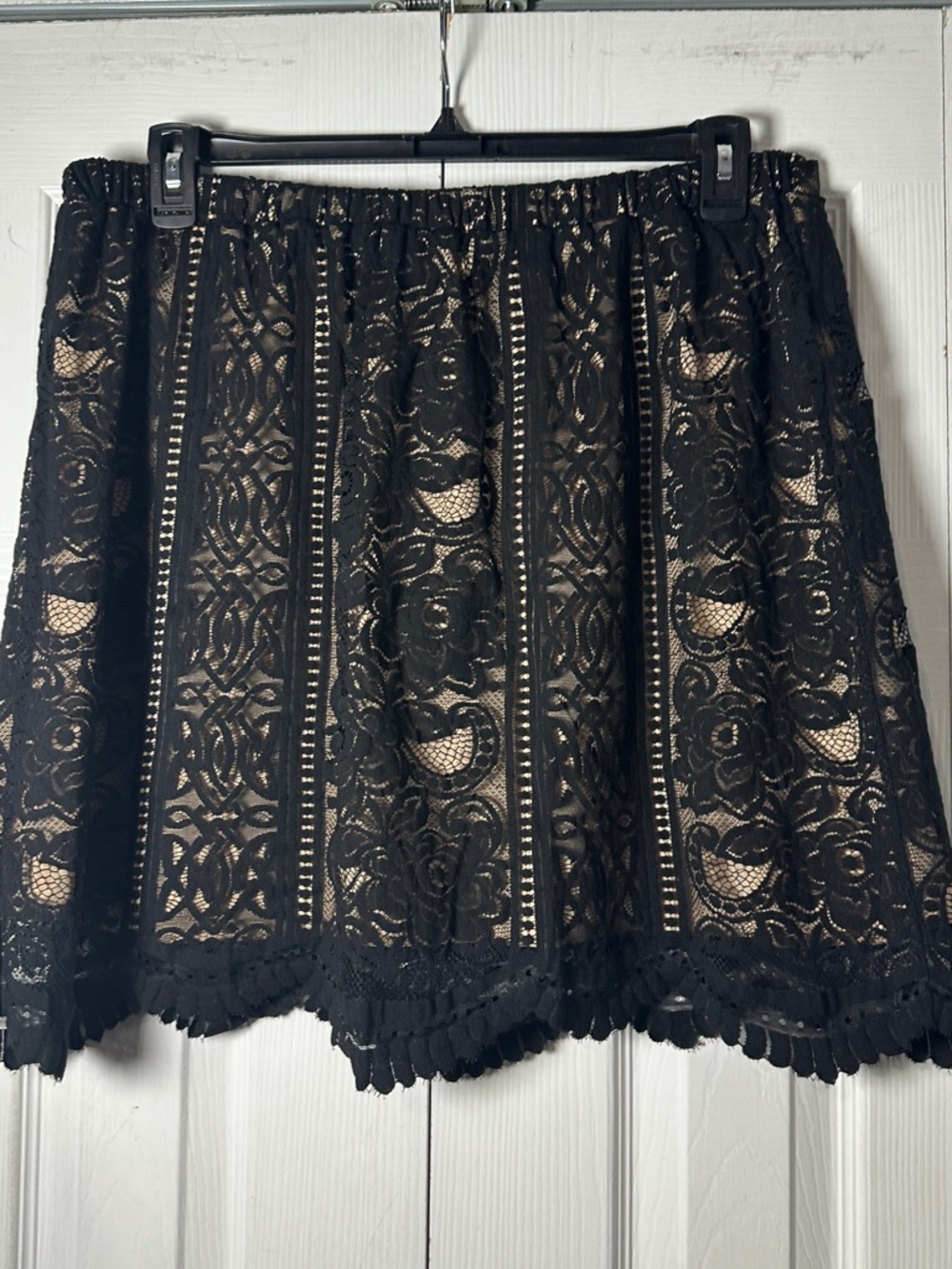 Black Lace Overlay Mini Skirt with Nude Lining
